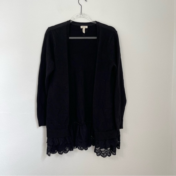 Matilda Jane Dark As Night Cardigan Sweater Sz M Black Ruffle Open front Casual - Picture 2 of 6